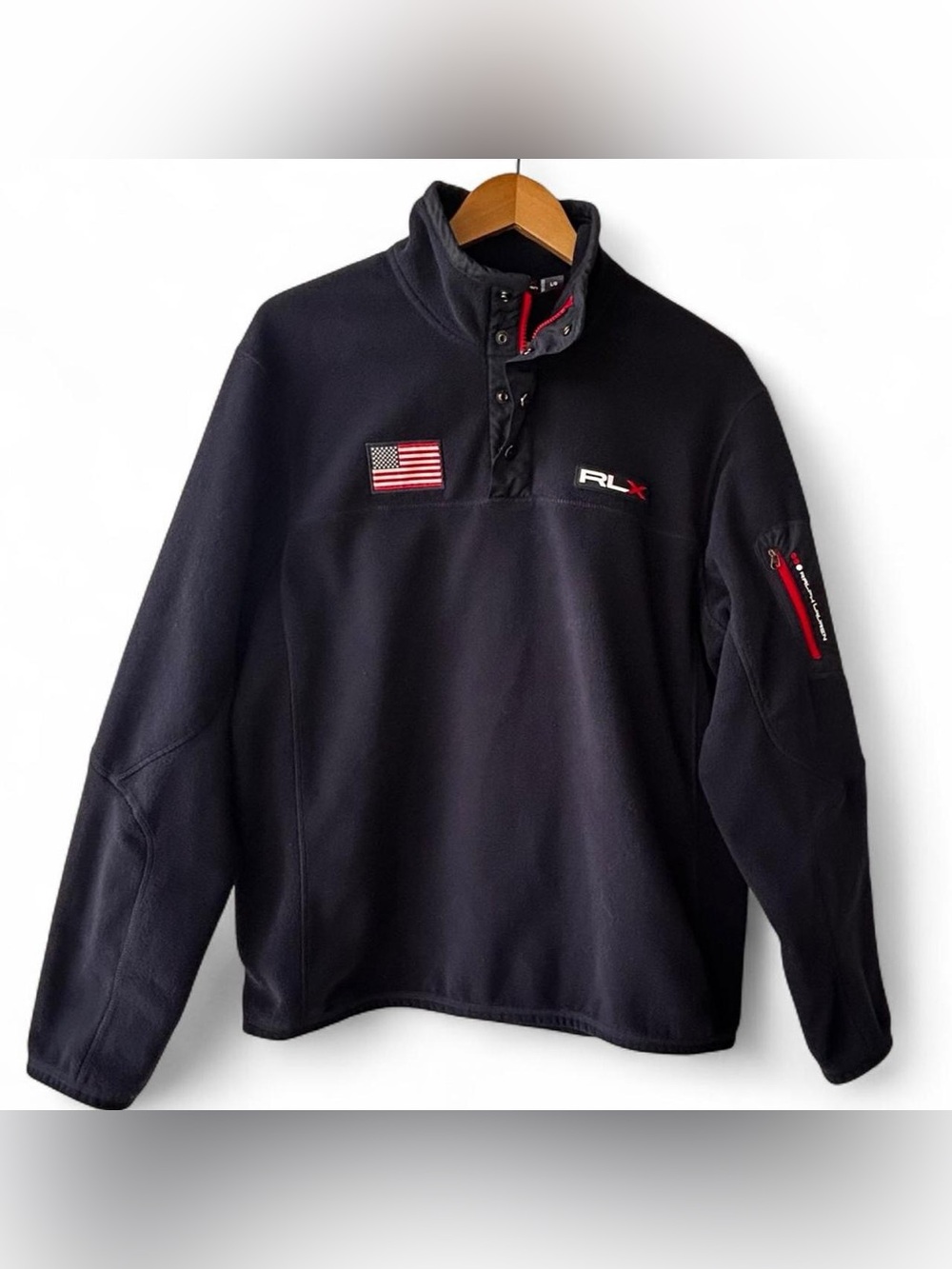 Men's Ralph Lauren RLX Navy Fleece Pullover with American Flag Patch-Large